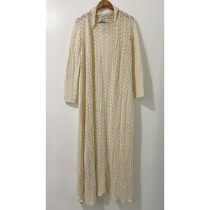 Free People Beach Ivory Crochet Lace Hooded Maxi Cardigan Open Knit Duster M